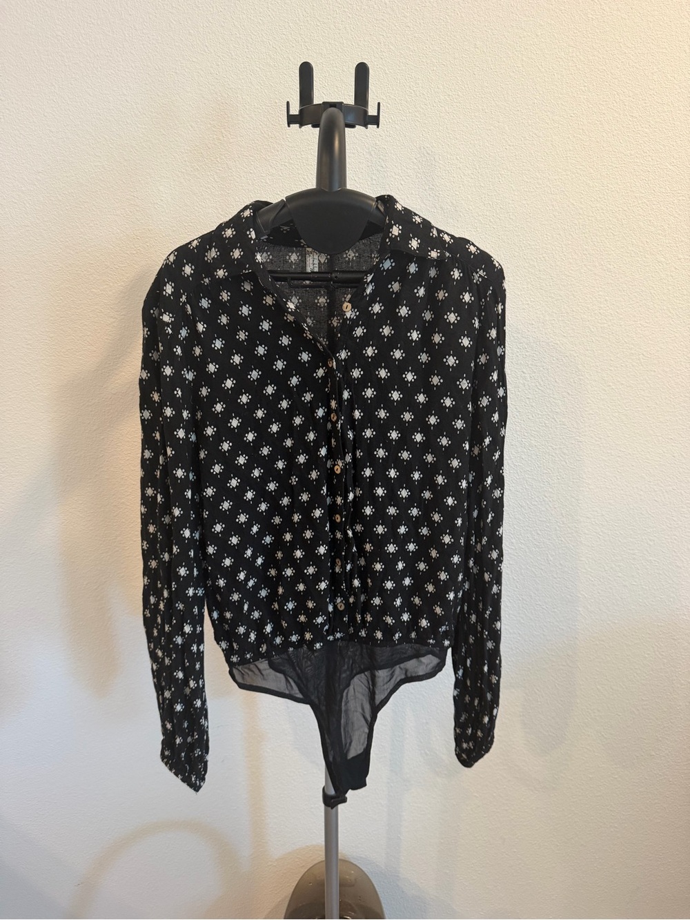 Free People Black & White Floral Button-Down Bodysuit Shirt